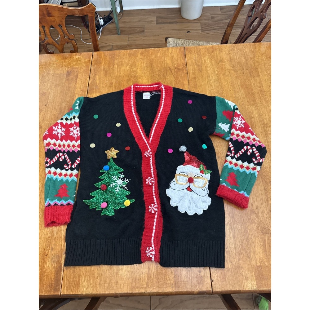 Womens Holiday Time Christmas Cardigan Sweater M Black Red Santa Ugly Holiday